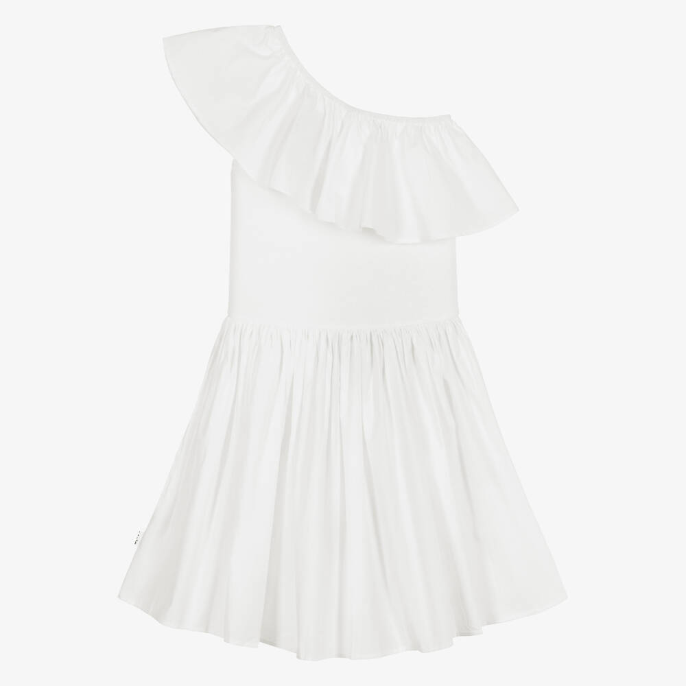 Molo-Girls White Organic Cotton One Shoulder Ruffle Dress | Childrensalon