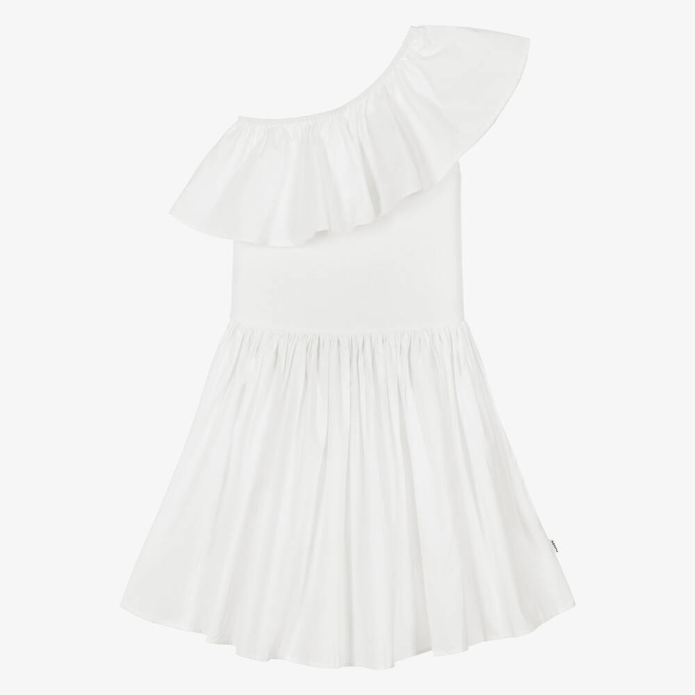 Molo-Girls White Organic Cotton One Shoulder Ruffle Dress | Childrensalon