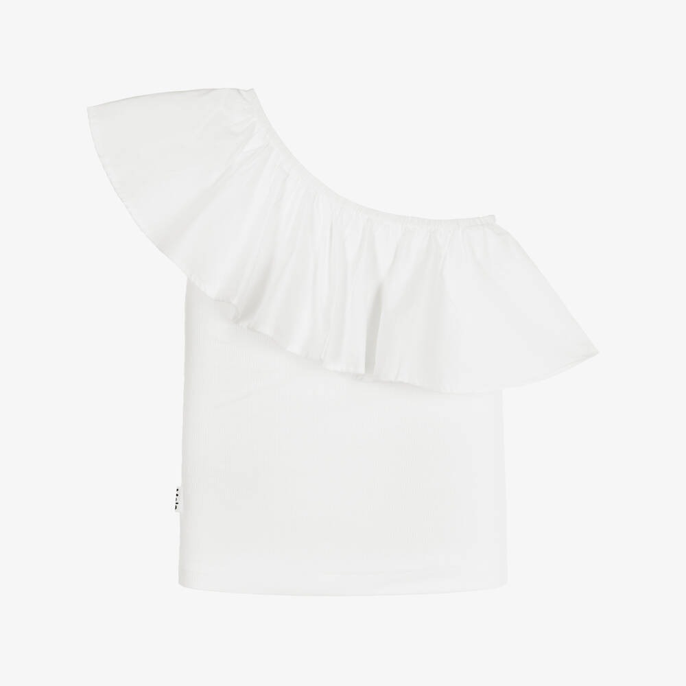 Molo-Girls White Organic Cotton One Shoulder Top | Childrensalon