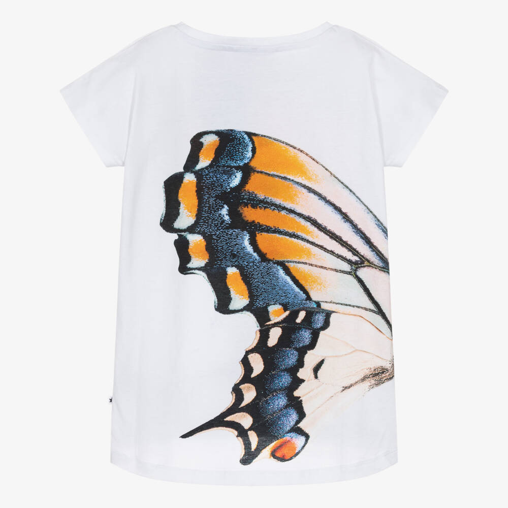 Molo-Girls White Organic Cotton T-Shirt with Butterfly Print | Childrensalon