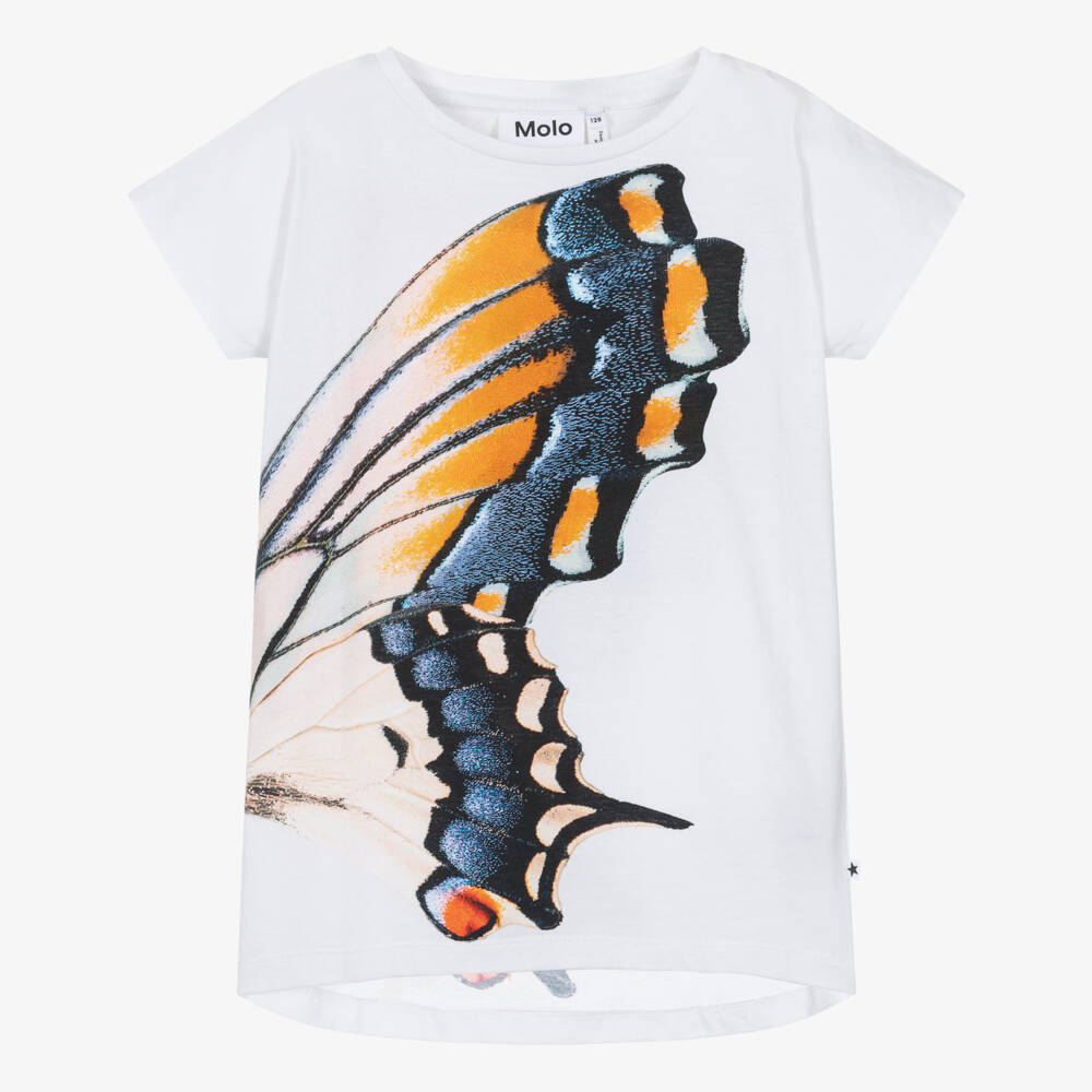 Molo-Girls White Organic Cotton T-Shirt with Butterfly Print | Childrensalon