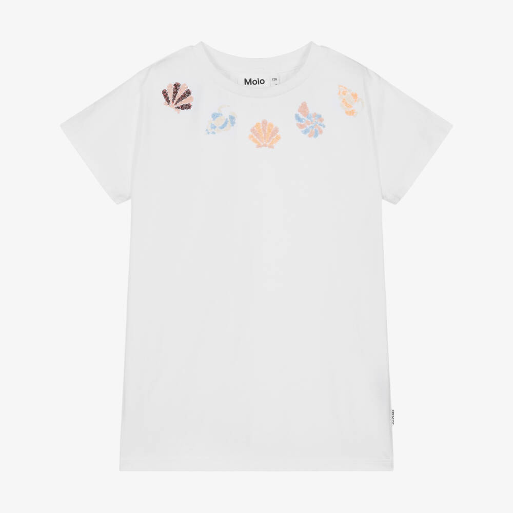 Molo-Girls White Organic Cotton T-Shirt with Sequinned Seashells | Childrensalon