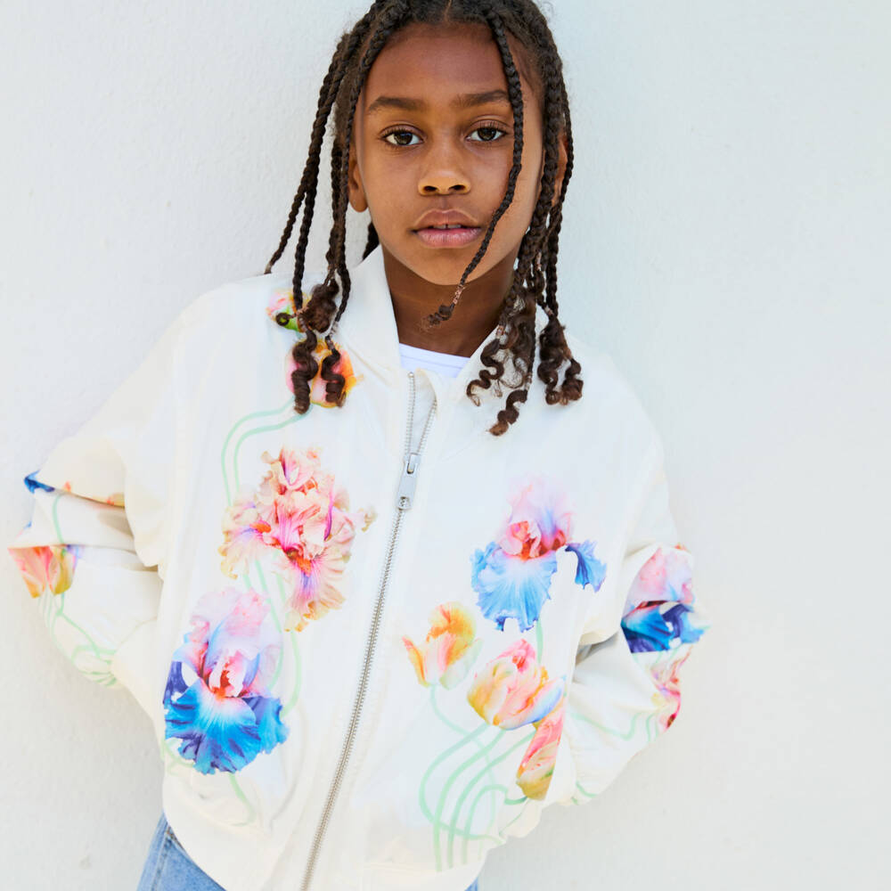 Molo-Girls White Satin Floral Bomber Jacket | Childrensalon