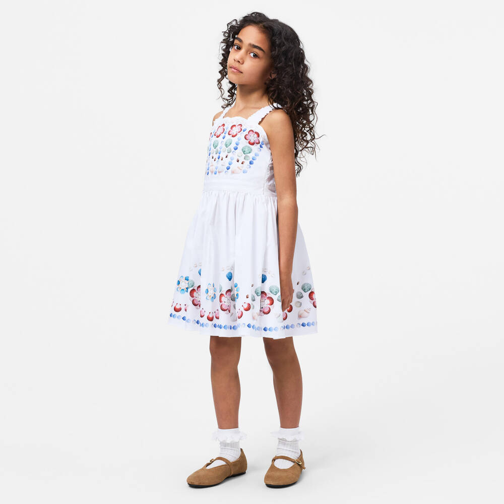 Molo-Girls White Shell Print Organic Cotton Dress | Childrensalon
