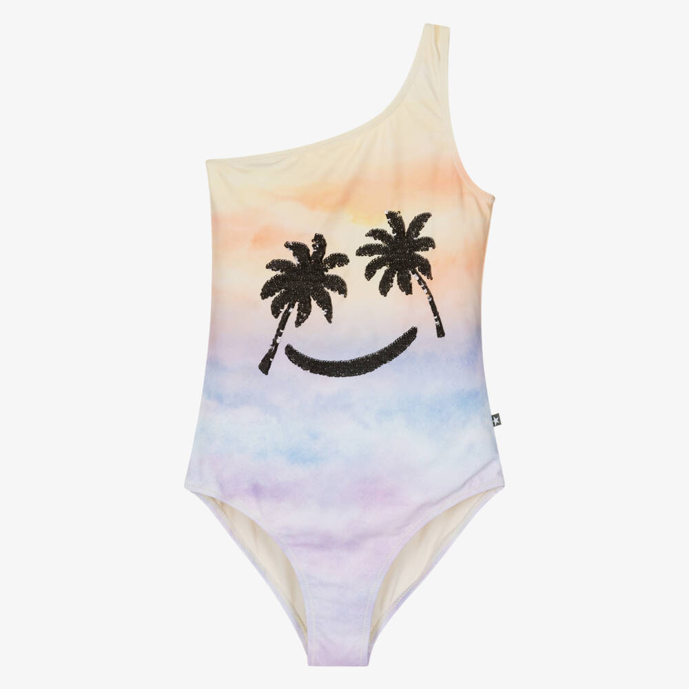 Molo-Girls Yellow & Purple Tie-Dye One Shoulder Swimsuit (UPF50+) | Childrensalon