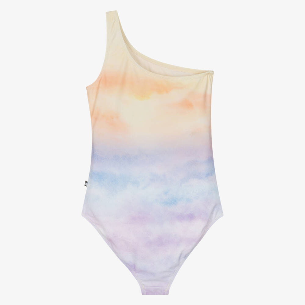 Molo-Girls Yellow & Purple Tie-Dye One Shoulder Swimsuit (UPF50+) | Childrensalon