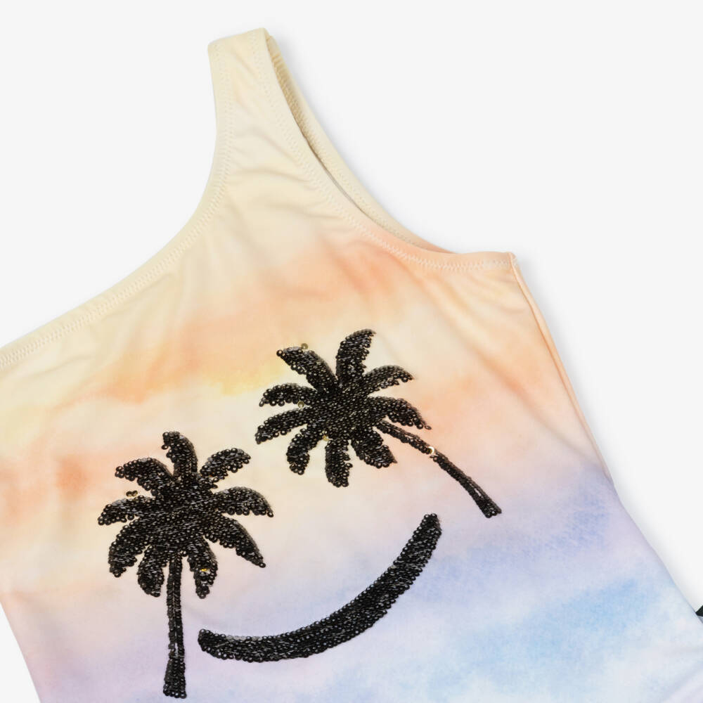 Molo-Girls Yellow & Purple Tie-Dye One Shoulder Swimsuit (UPF50+) | Childrensalon