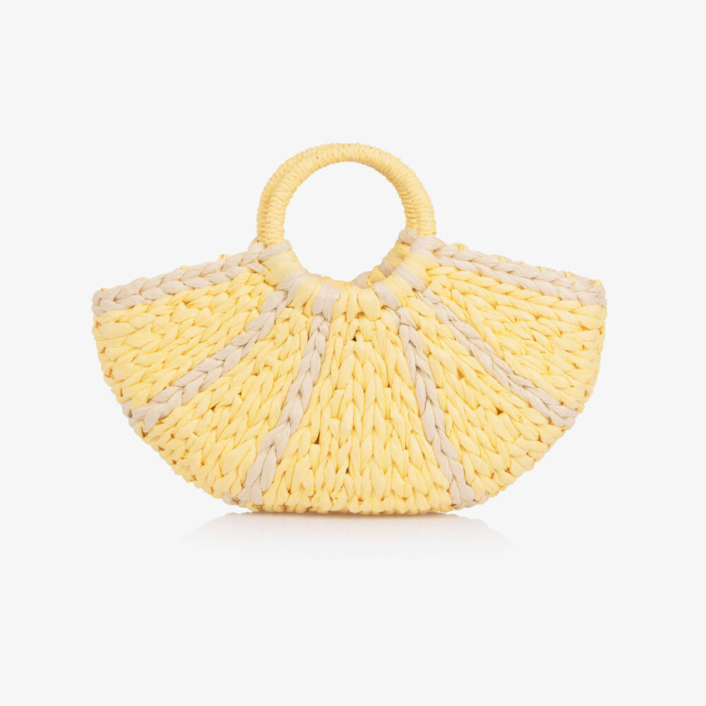 Molo-Girls Yellow Straw Bag with Beige Stripes (38cm) | Childrensalon