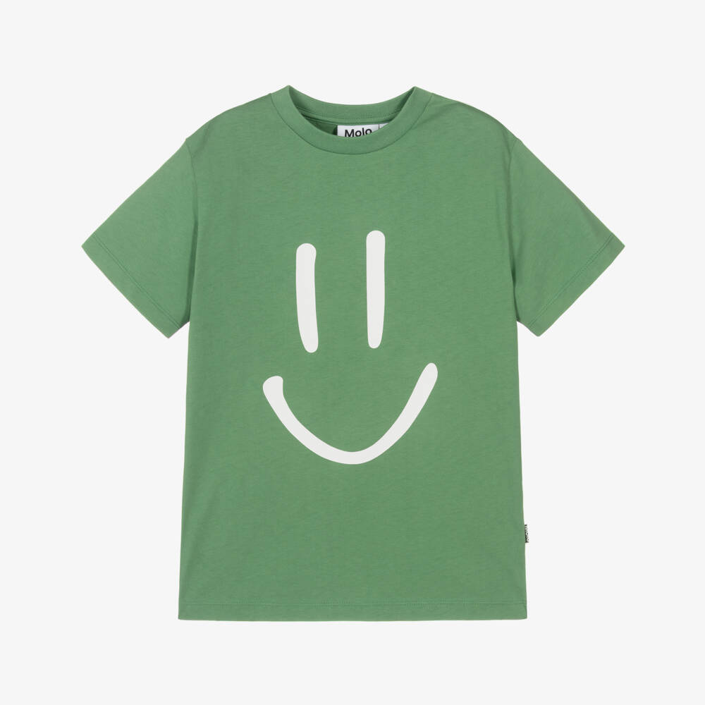Molo-Green Smiling Face Organic Cotton T-Shirt | Childrensalon