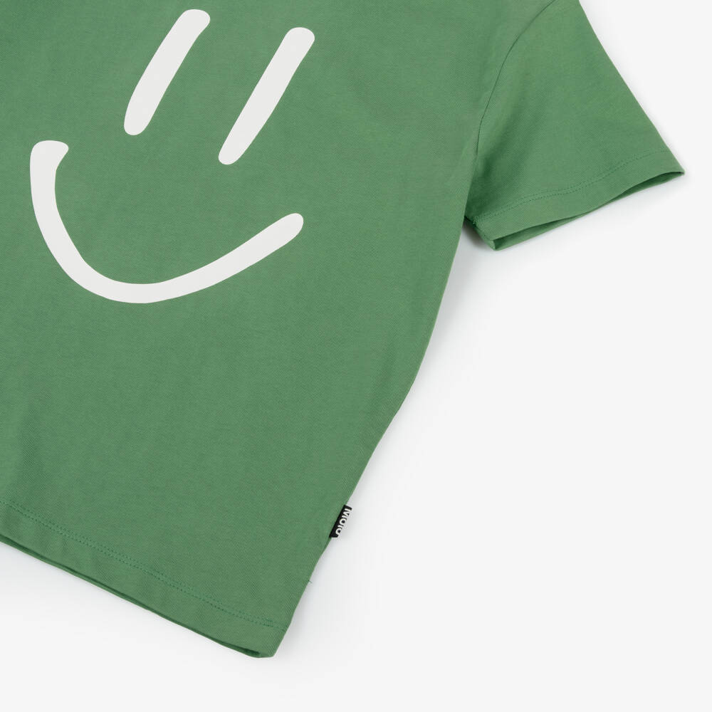 Molo-Green Smiling Face Organic Cotton T-Shirt | Childrensalon