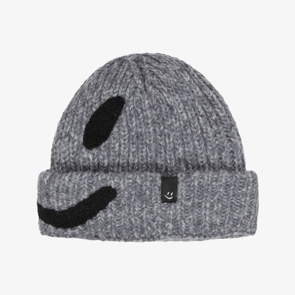 Molo-Grey Marl Chunky Knit Hat with Smiling Face | Childrensalon