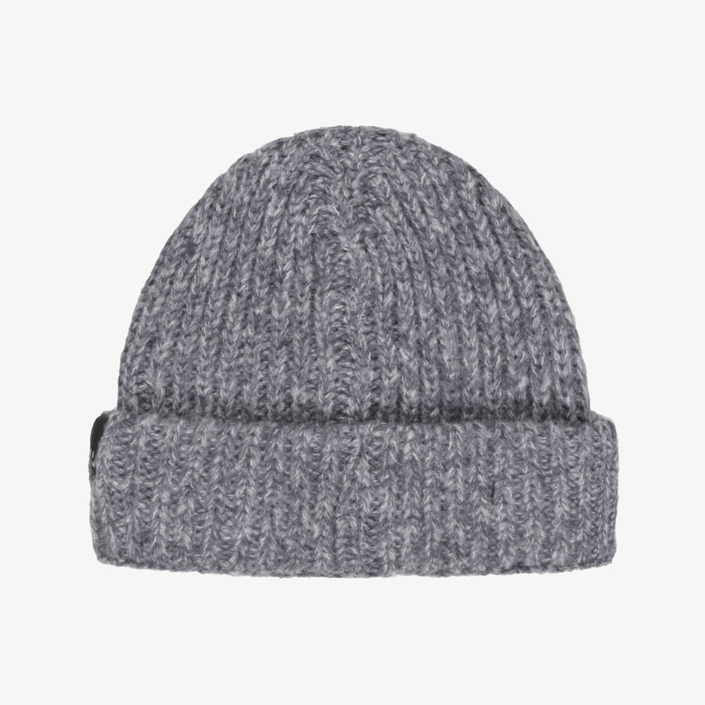 Molo-Grey Marl Chunky Knit Hat with Smiling Face | Childrensalon
