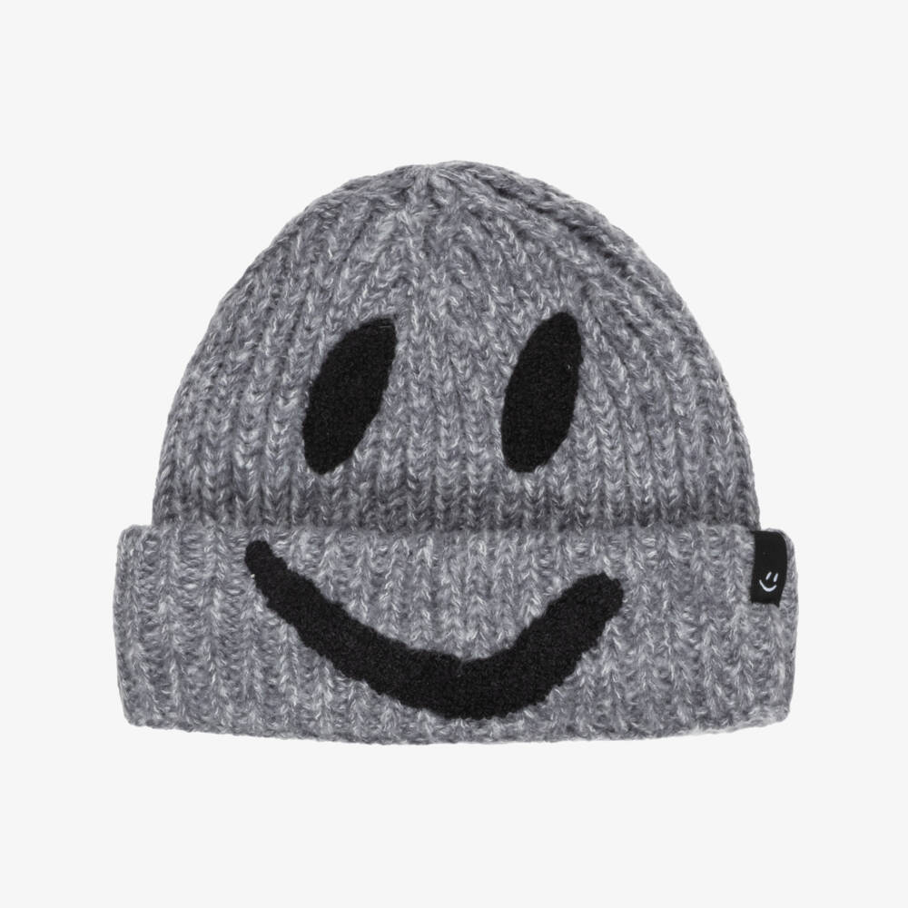 Molo-Grey Marl Chunky Knit Hat with Smiling Face | Childrensalon