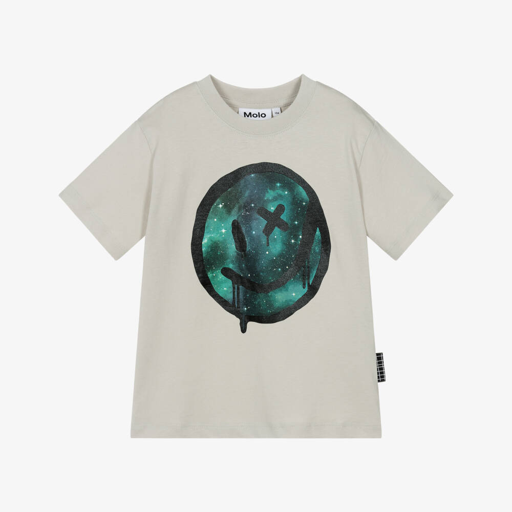 Molo-Grey Organic Cotton Drippy Smile T-Shirt | Childrensalon