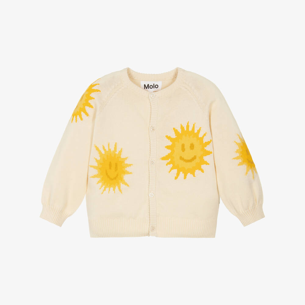 Molo-Ivory Organic Cotton Knitted Cardigan with Smiling Sun Faces | Childrensalon
