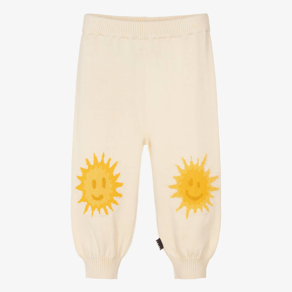 Molo-Ivory Organic Cotton Knitted Trousers with Smiling Sun Faces | Childrensalon