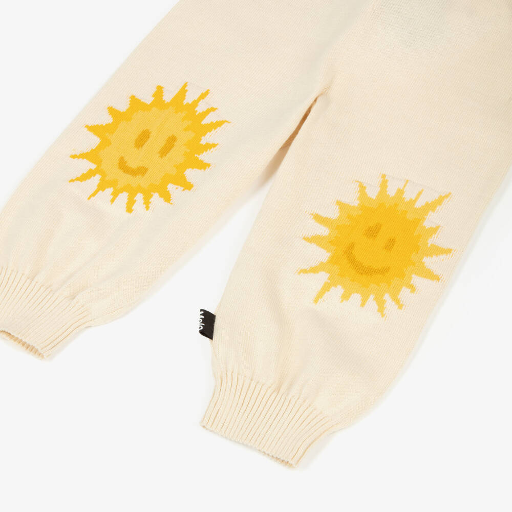 Molo-Ivory Organic Cotton Knitted Trousers with Smiling Sun Faces | Childrensalon