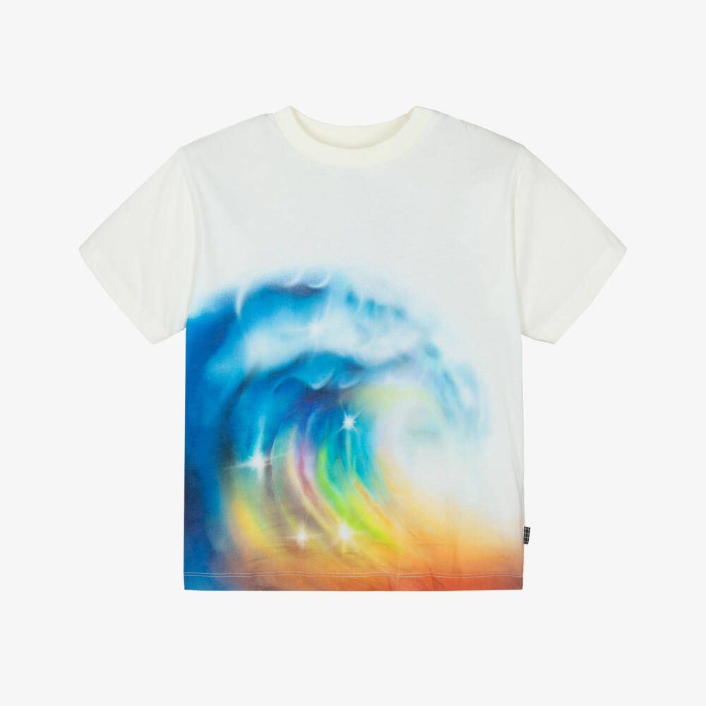 Molo-Ivory Organic Cotton T-Shirt with Colourful Wave Print | Childrensalon