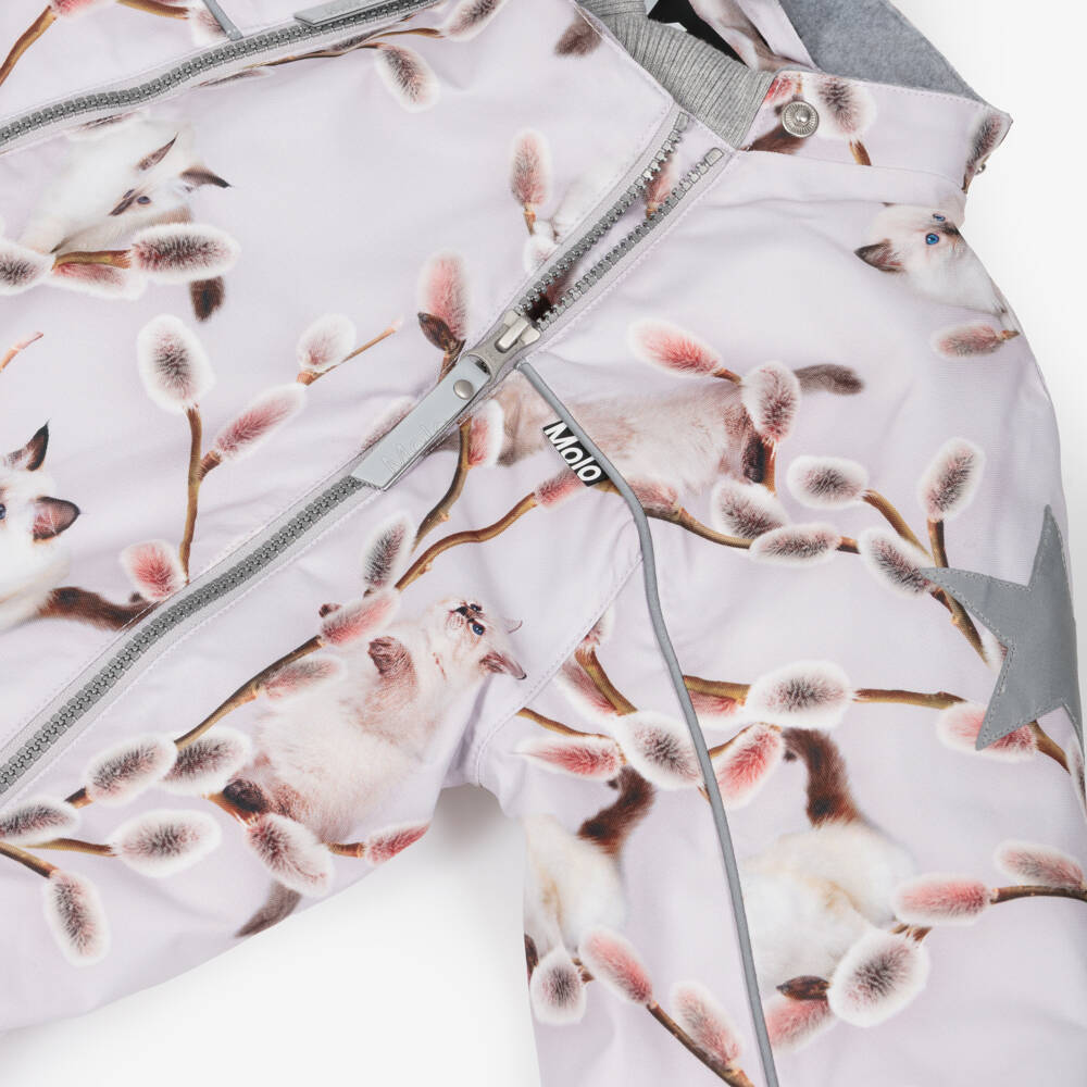 Molo-Lilac Purple Hooded Snowsuit with Kitten Print | Childrensalon