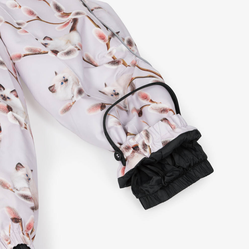 Molo-Lilac Purple Hooded Snowsuit with Kitten Print | Childrensalon