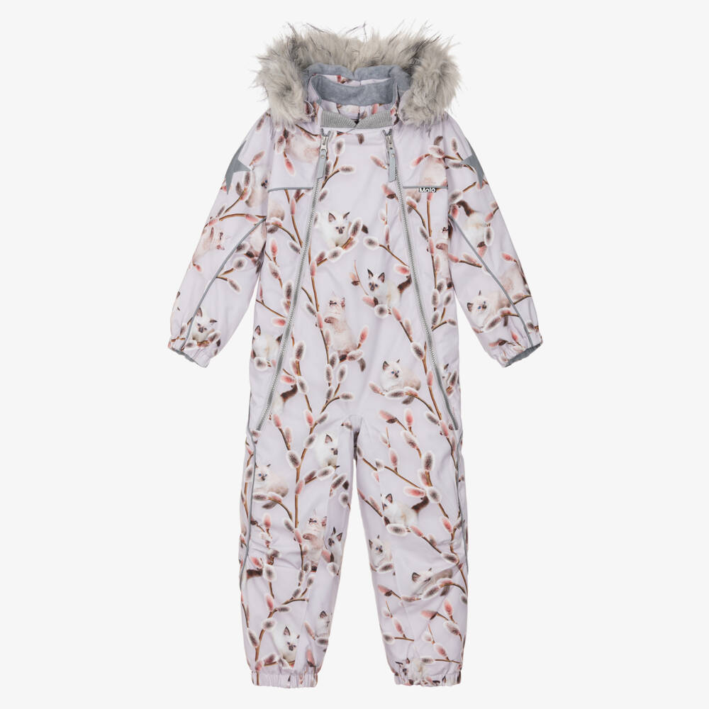Molo-Lilac Purple Hooded Snowsuit with Kitten Print | Childrensalon