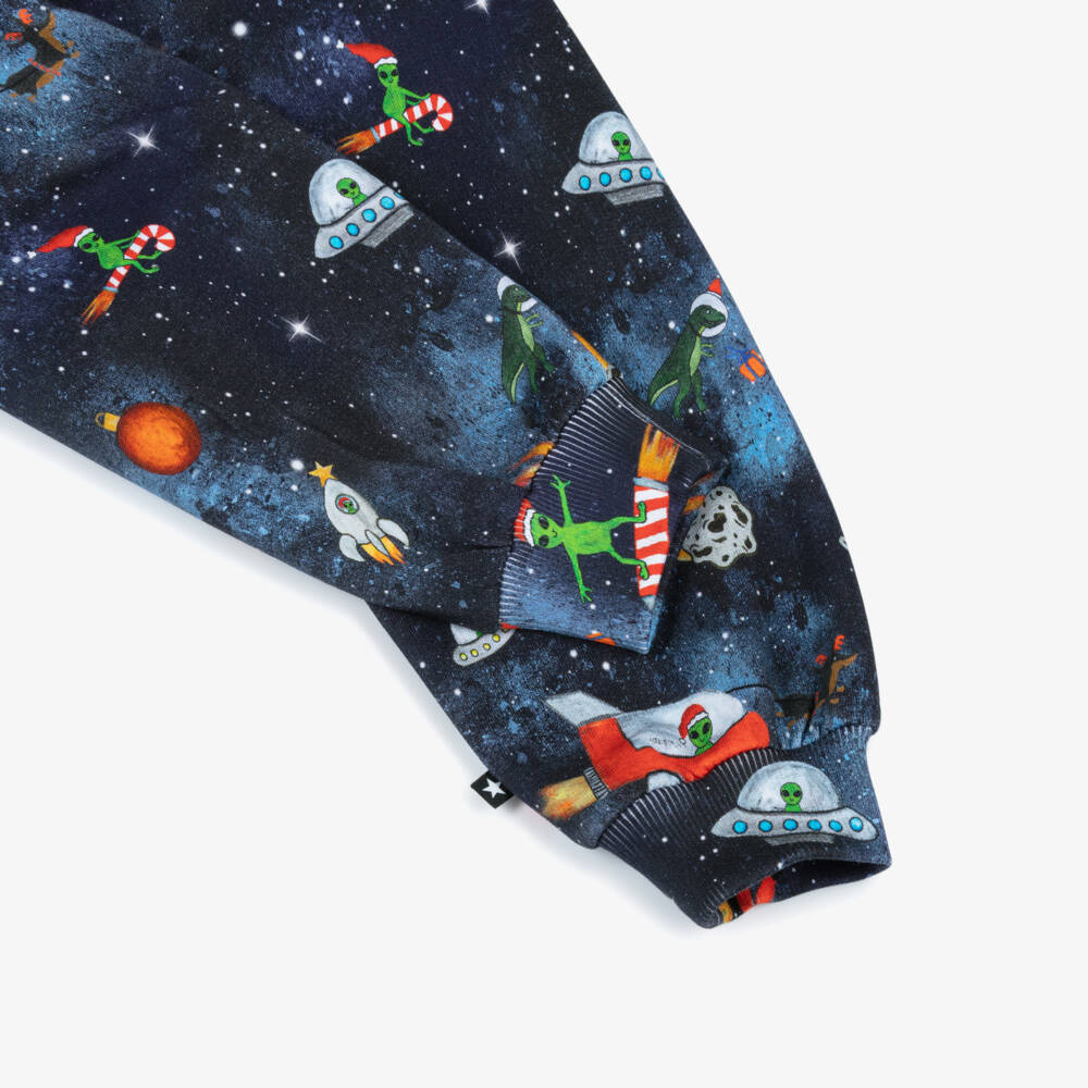 Molo-Navy Blue Organic Cotton Joggers with Festive Space Print | Childrensalon