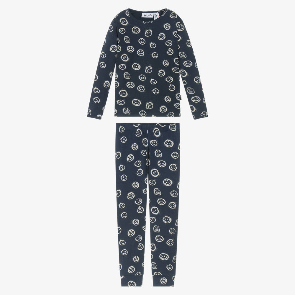 Molo-Navy Blue Organic Cotton Smiling Face Pyjamas | Childrensalon