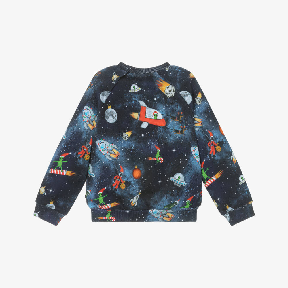 Molo-Navy Blue Organic Cotton Sweatshirt with Festive Space Print | Childrensalon