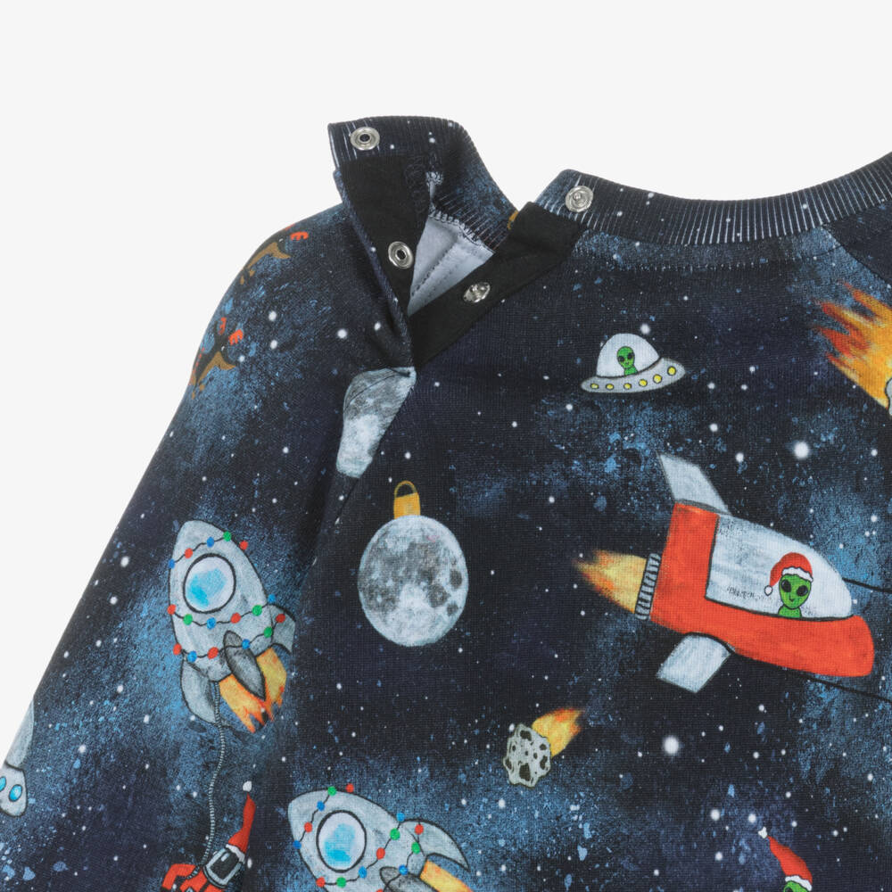 Molo-Navy Blue Organic Cotton Sweatshirt with Festive Space Print | Childrensalon