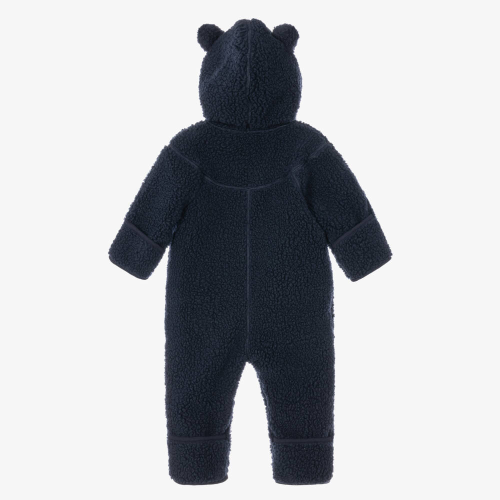 Molo-Navy Blue Sherpa Fleece Pramsuit with Teddy Ears | Childrensalon