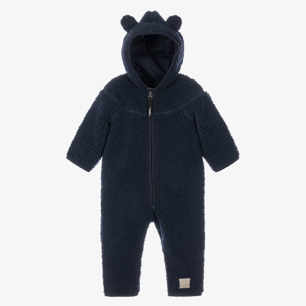 Molo-Navy Blue Sherpa Fleece Pramsuit with Teddy Ears | Childrensalon