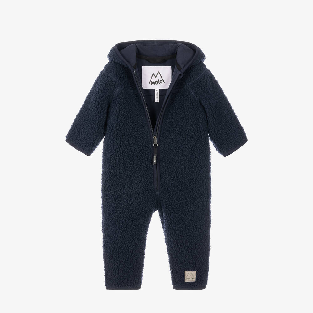 Molo-Navy Blue Sherpa Fleece Pramsuit with Teddy Ears | Childrensalon