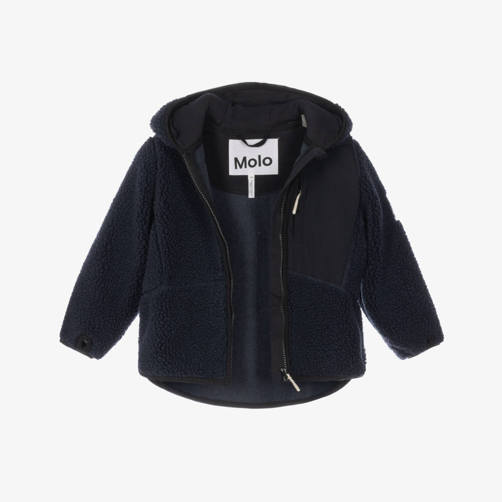 Molo-Navy Blue Sherpa Fleece Zip-Up Hooded Top | Childrensalon