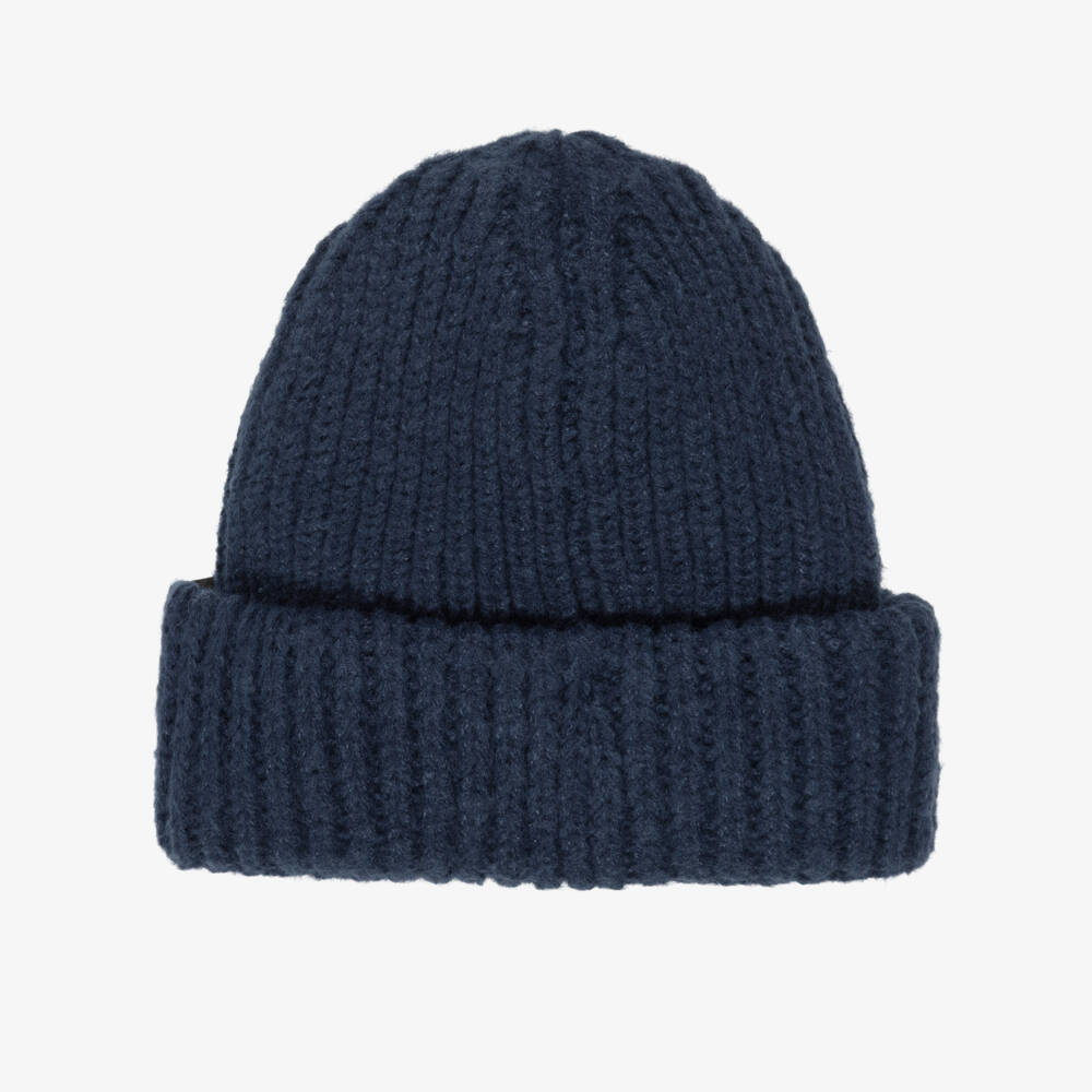 Molo-Navy Blue Smiling Face Ribbed Knit Beanie Hat  | Childrensalon