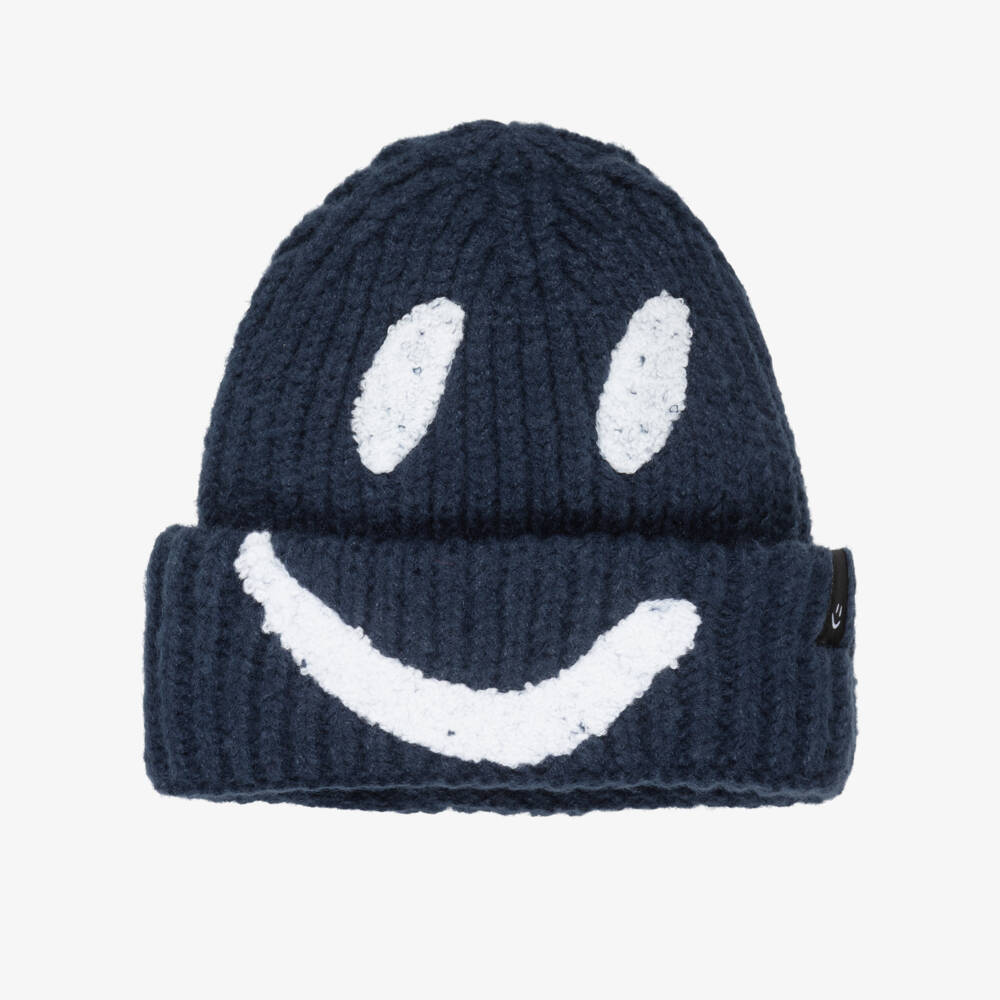 Molo-Navy Blue Smiling Face Ribbed Knit Beanie Hat  | Childrensalon