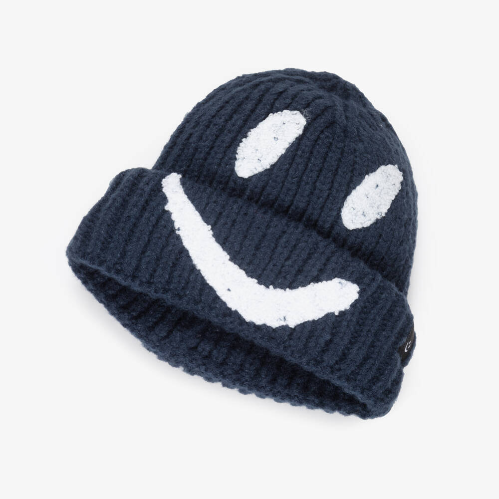 Molo-Navy Blue Smiling Face Ribbed Knit Beanie Hat  | Childrensalon