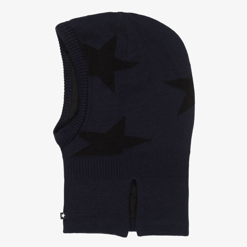 Molo-Navy Blue Wool Knit Star Balaclava  | Childrensalon