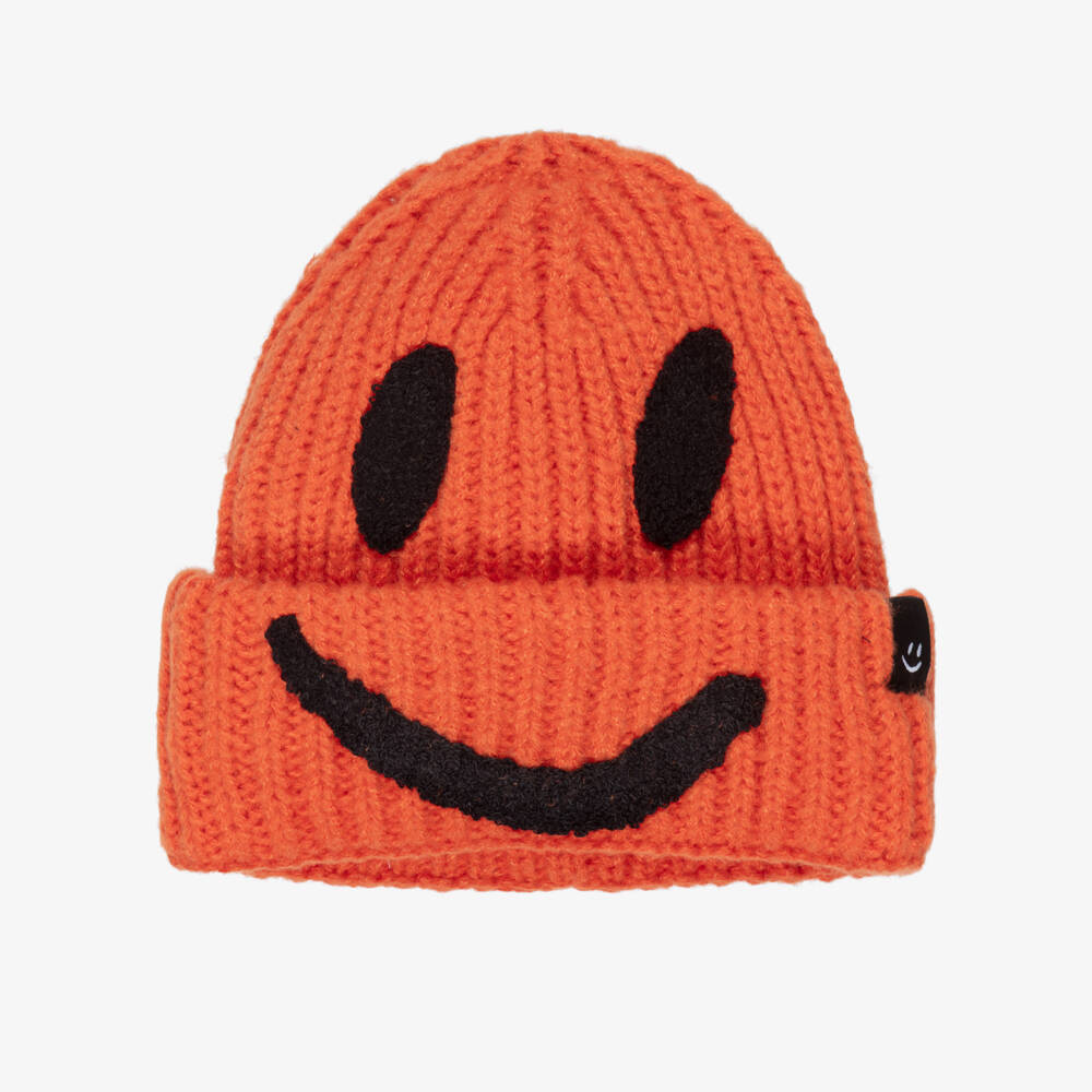 Molo-Orange Smiling Face Ribbed Knit Beanie Hat  | Childrensalon