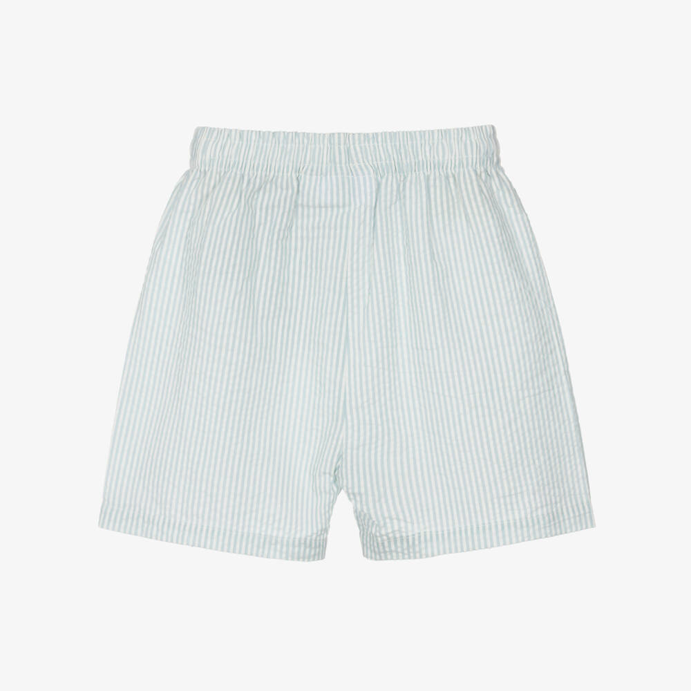 Molo-Pale Blue & White Striped Cotton Seersucker Shorts | Childrensalon