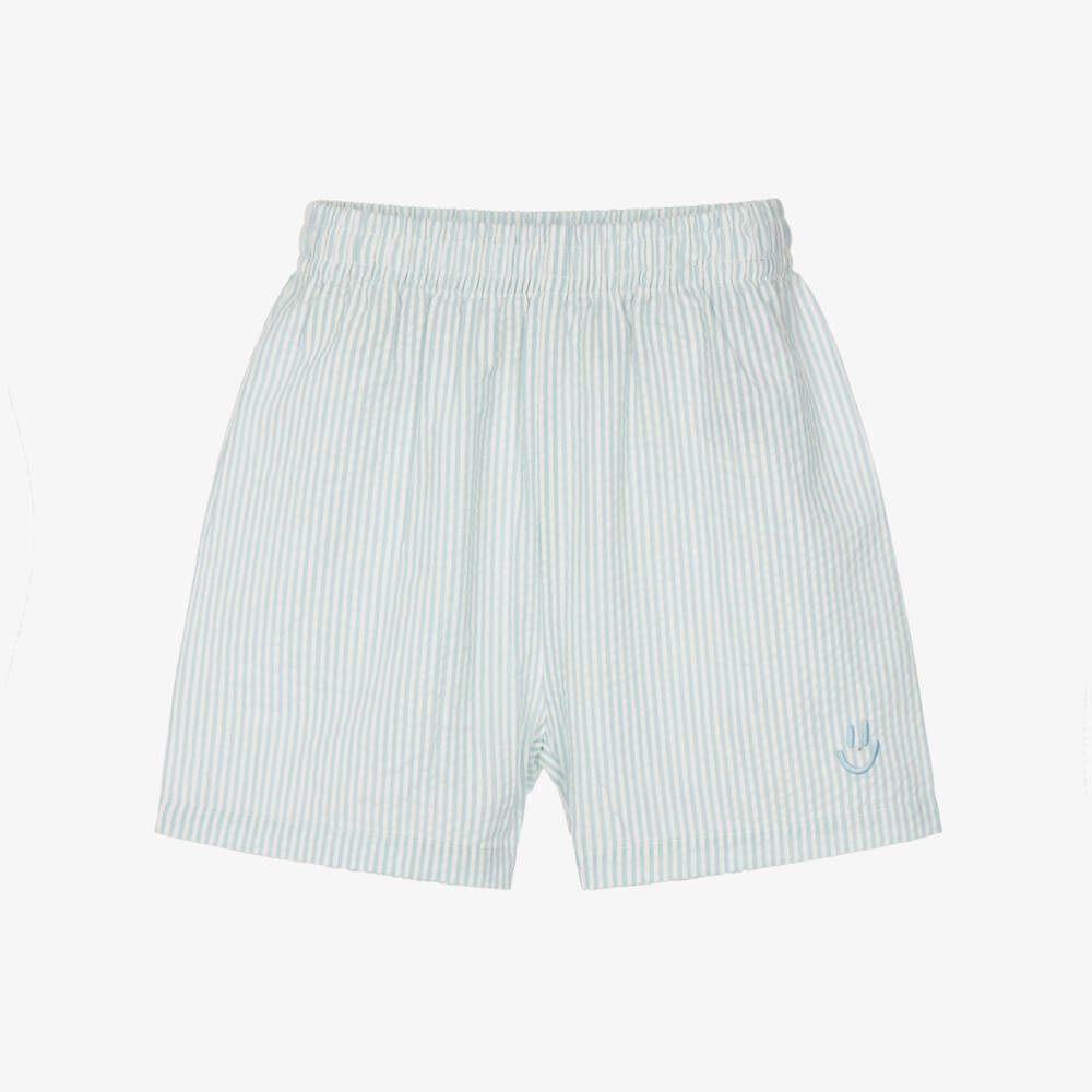 Molo-Pale Blue & White Striped Cotton Seersucker Shorts | Childrensalon