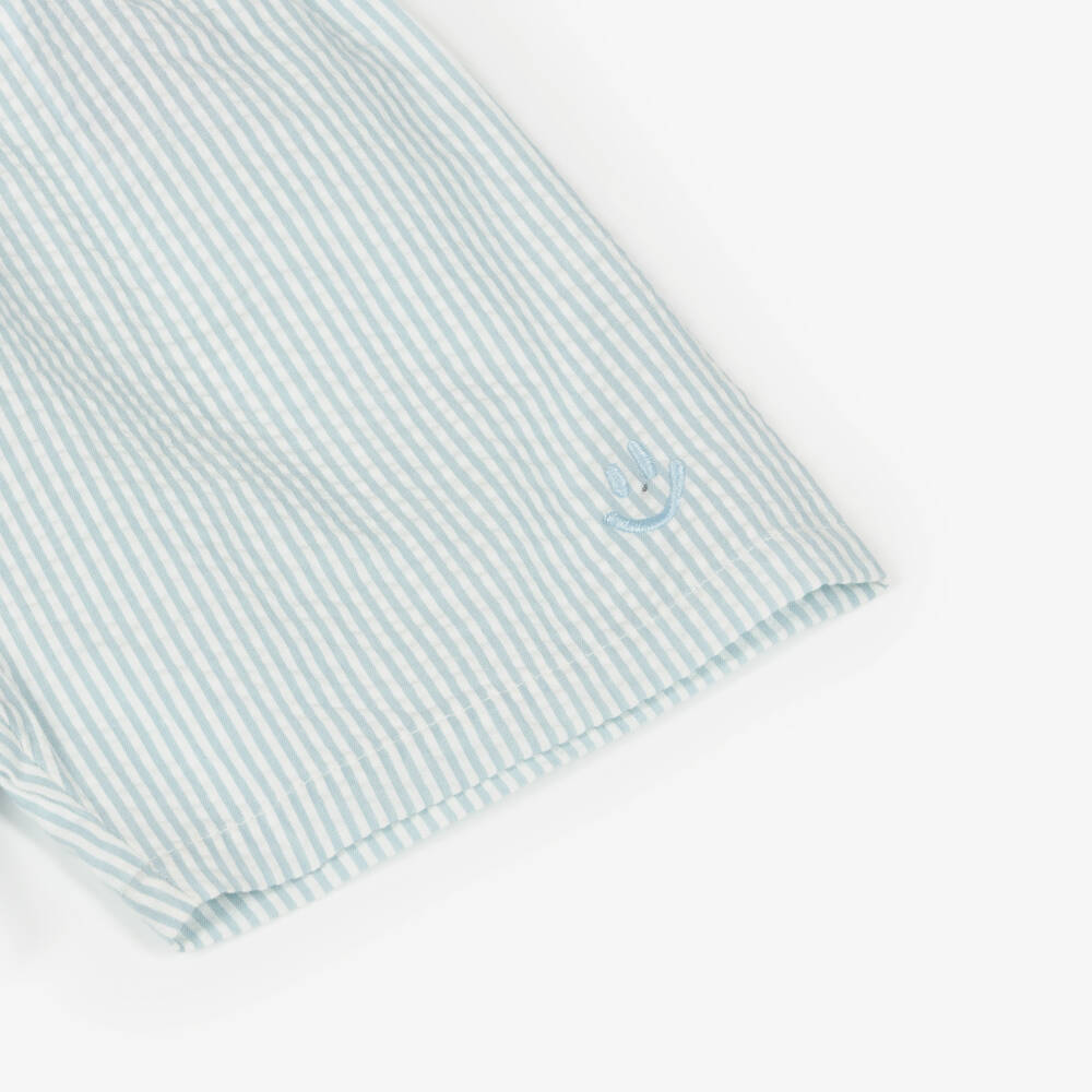 Molo-Pale Blue & White Striped Cotton Seersucker Shorts | Childrensalon