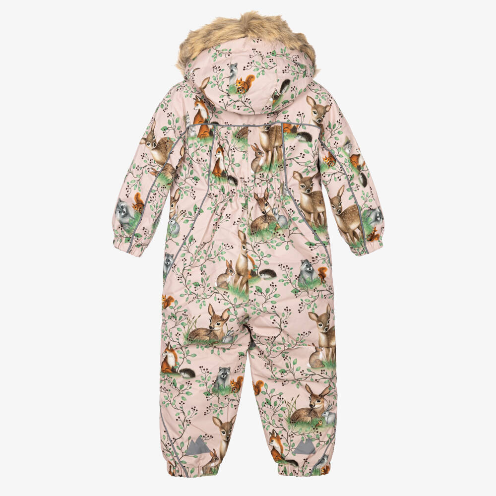 Molo-Pale Pink Woodland Print Technical Snowsuit | Childrensalon
