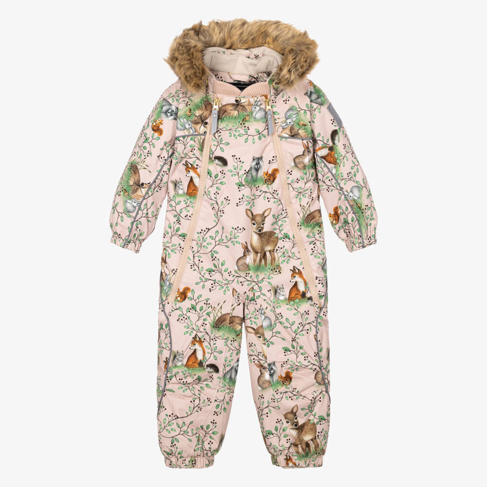 Molo-Pale Pink Woodland Print Technical Snowsuit | Childrensalon