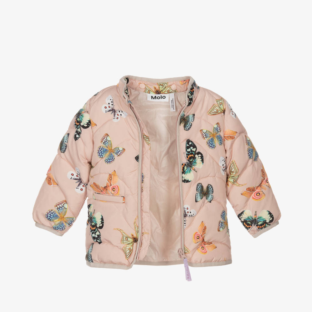 Molo-Pink Butterfly Puffer Jacket | Childrensalon