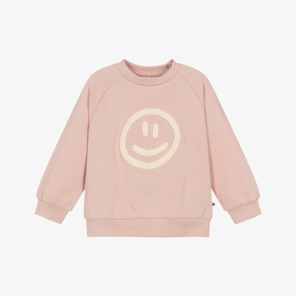 Molo-Pink Organic Cotton Sweatshirt with Ivory Smiling Face | Childrensalon