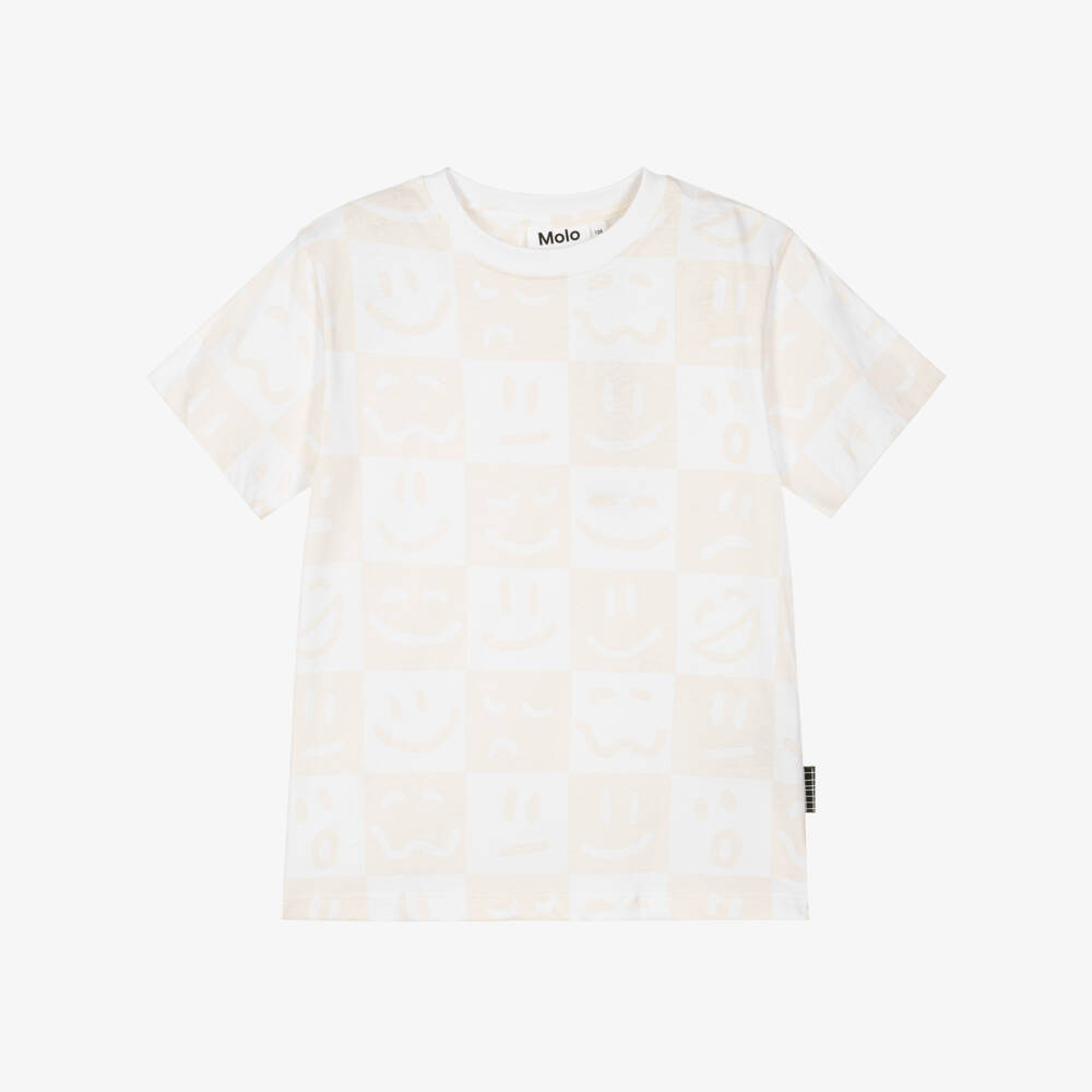 Molo-White & Beige Organic Cotton Face Emojis T-Shirt | Childrensalon