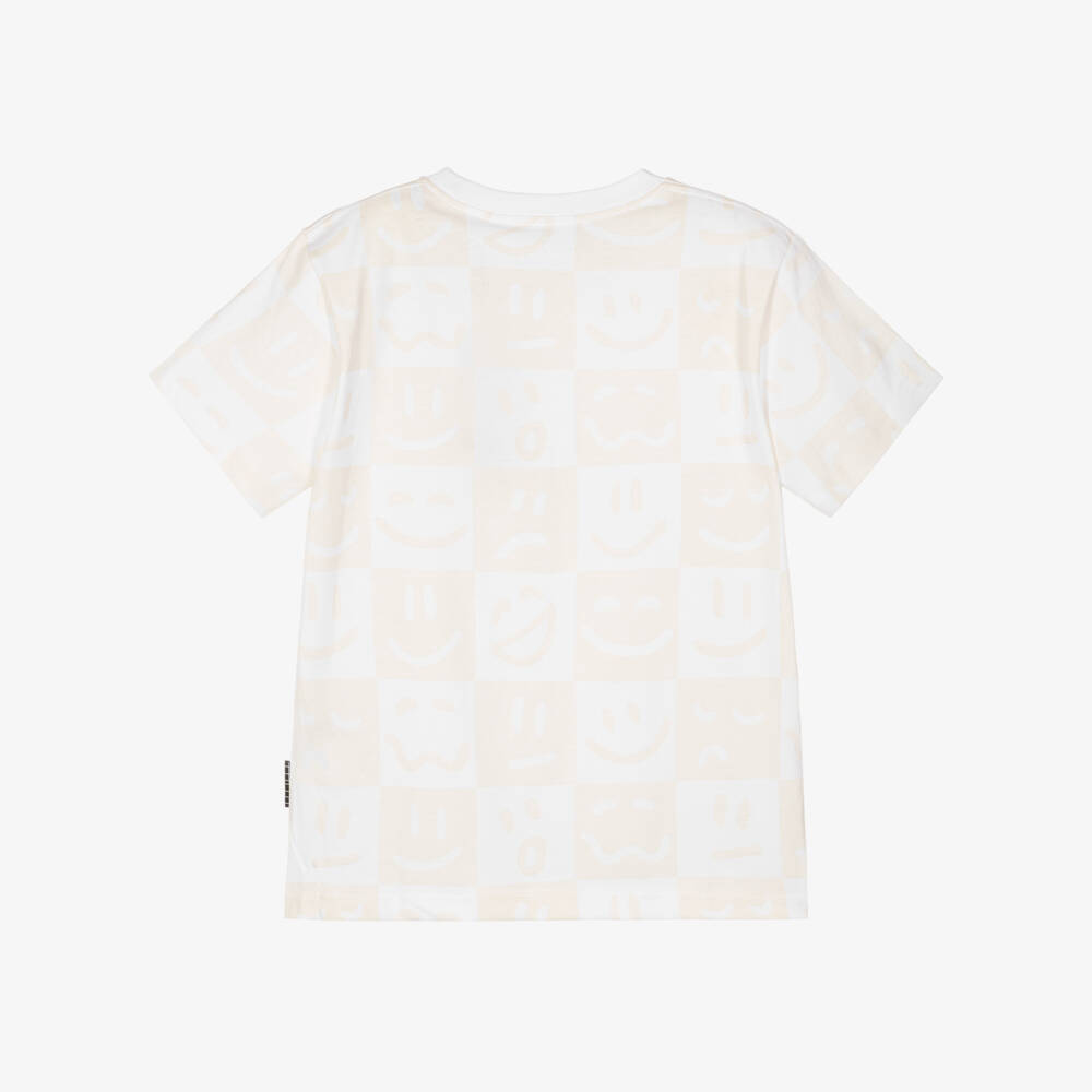 Molo-White & Beige Organic Cotton Face Emojis T-Shirt | Childrensalon