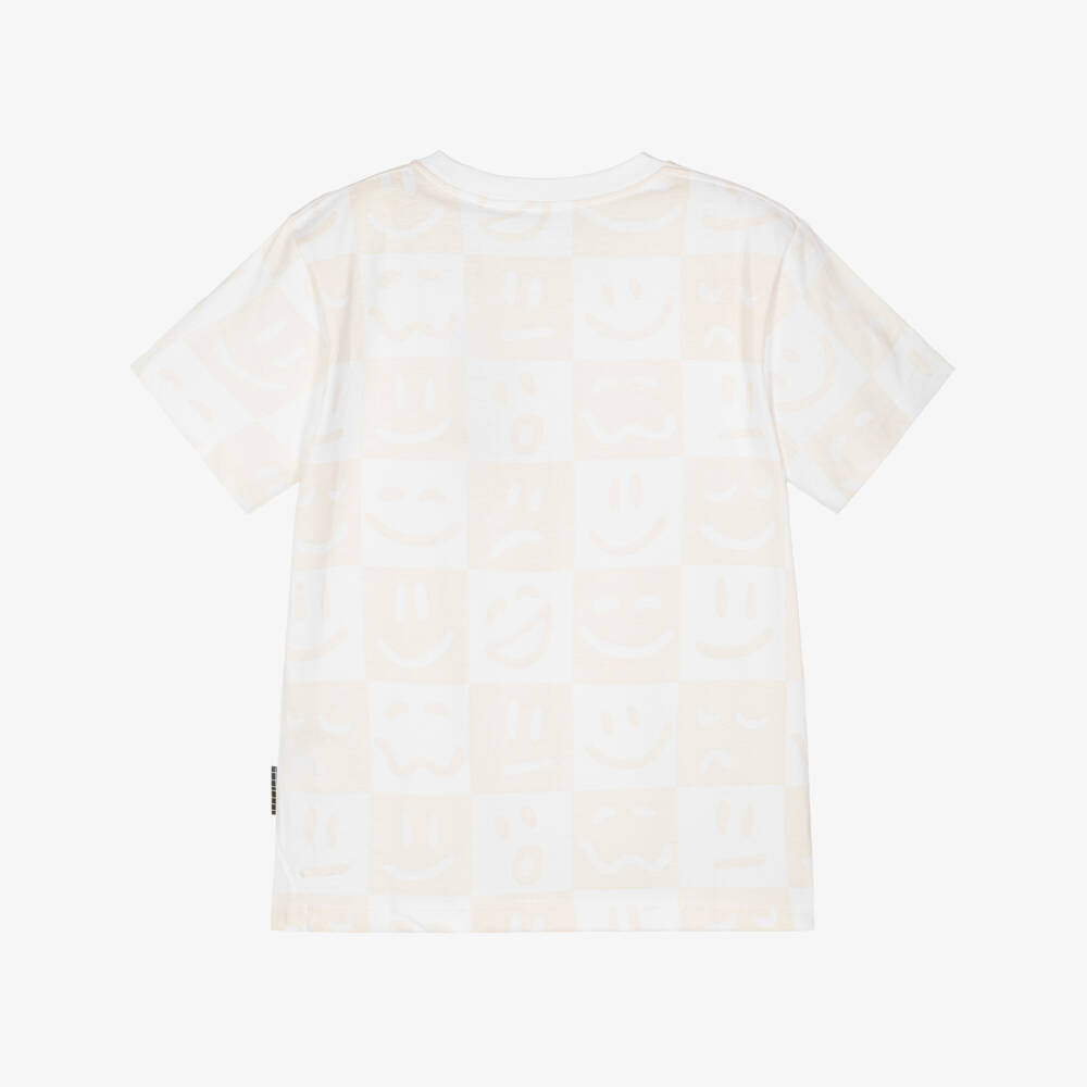 Molo-White & Beige Organic Cotton Face Emojis T-Shirt | Childrensalon