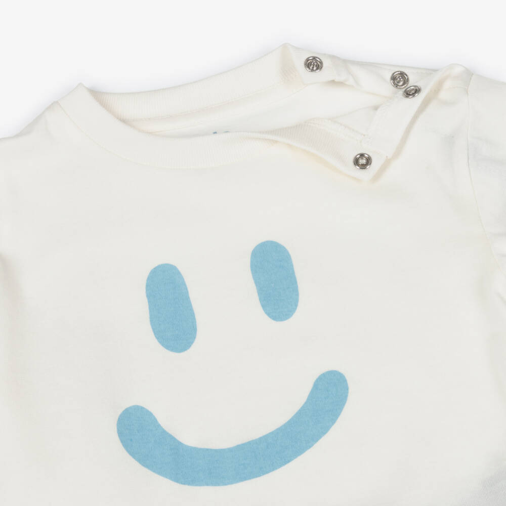 Molo-White Organic Cotton T-Shirt with Blue Smiling Face | Childrensalon