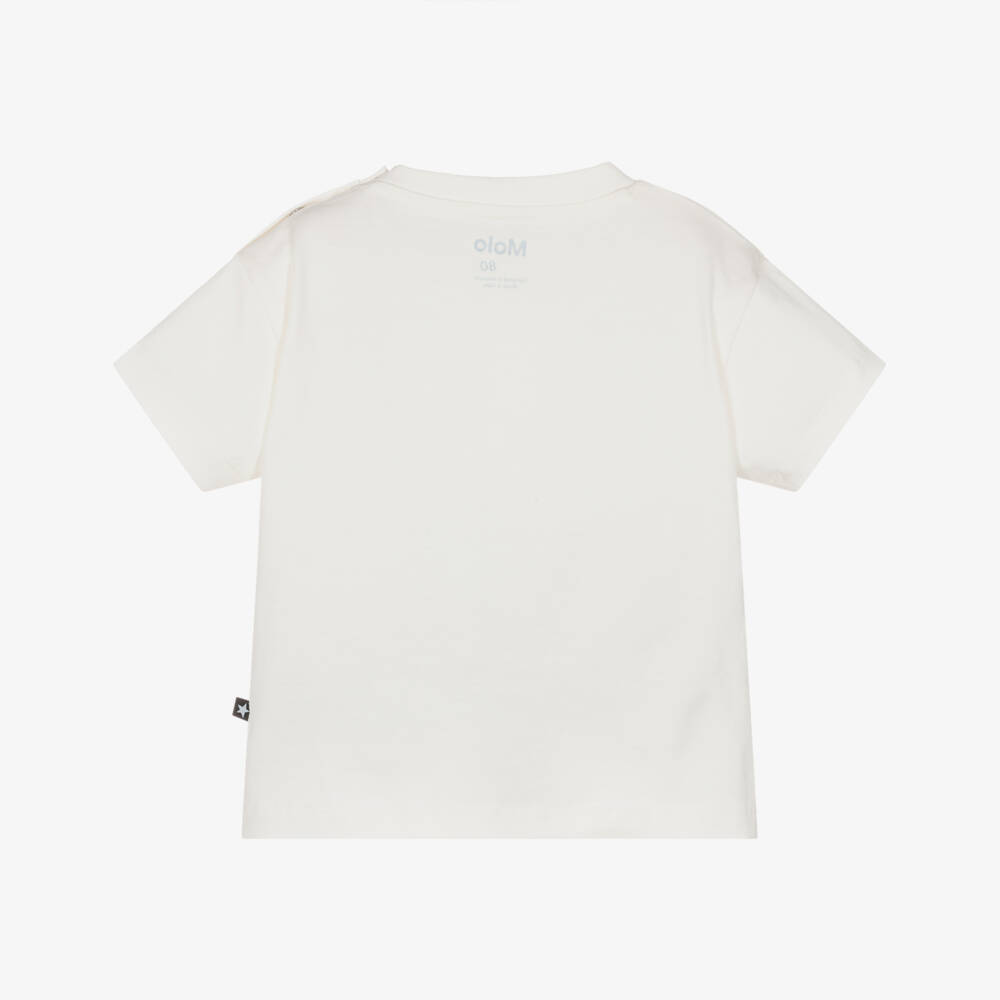 Molo-White Organic Cotton T-Shirt with Blue Smiling Face | Childrensalon